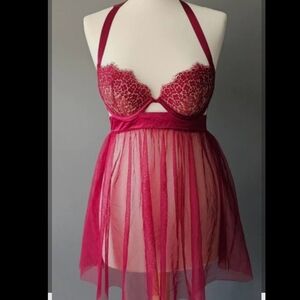 Victoria's Secret Red Maroon Lace Chemise Padded Sz 32C